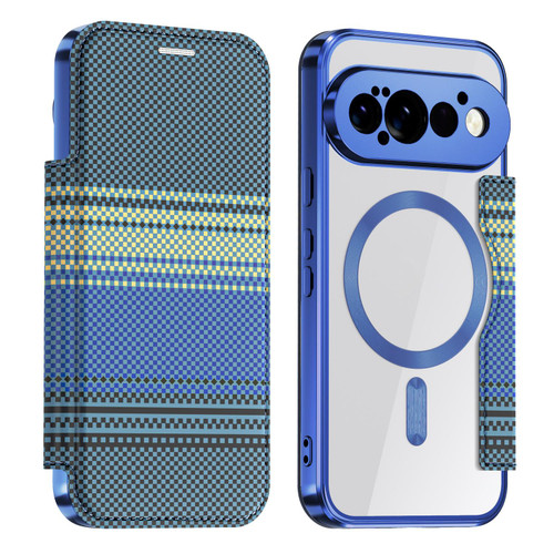 Google Pixel 11 Pro XL Color-plaid Shield Magnetic RFID Vegan Leather Phone Case - Blue