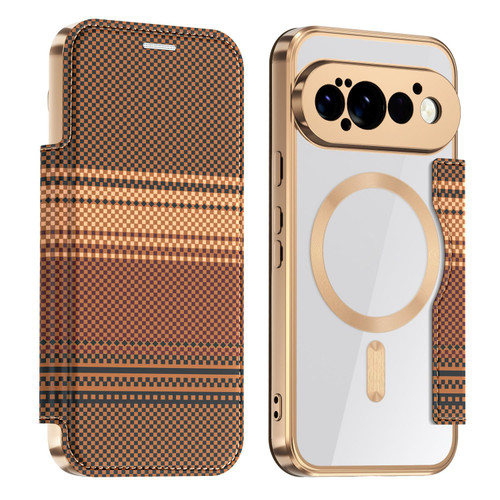 Google Pixel 11 Pro XL Color-plaid Shield Magnetic RFID Vegan Leather Phone Case - Brown