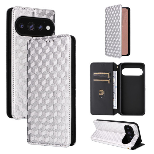 Google Pixel 11 Pro XL Cubic Grid Texture Flip Leather Phone Case - Silver