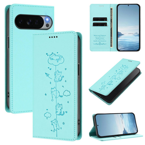 Google Pixel 11 Pro XL Cute Cats Embossed Magnetic RFID Vegan Leather Phone Case - Mint Green