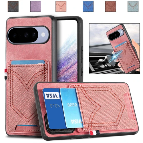 Google Pixel 11 Pro XL Denim Texture Leather Skin Phone Case with Card Slot - Pink