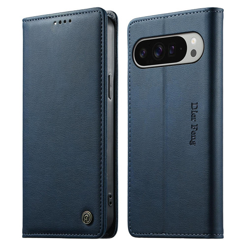 Google Pixel 11 Pro XL Dierfeng Metal Snap Magnetic RFID Vegan Leather Phone Case - Blue
