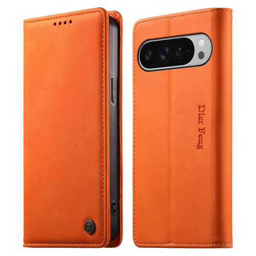 Google Pixel 11 Pro XL Dierfeng Metal Snap Magnetic RFID Vegan Leather Phone Case - Orange