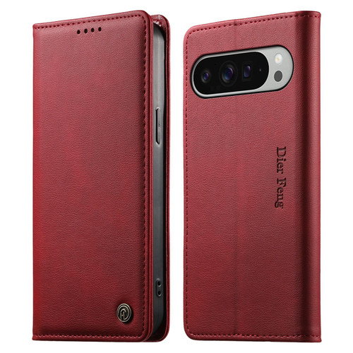 Google Pixel 11 Pro XL Dierfeng Metal Snap Magnetic RFID Vegan Leather Phone Case - Red
