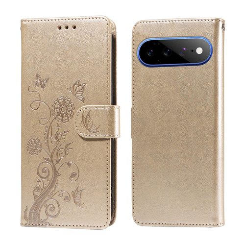Google Pixel 11 Pro XL Embossed Butterfly Flowers Leather Phone Case - Gold
