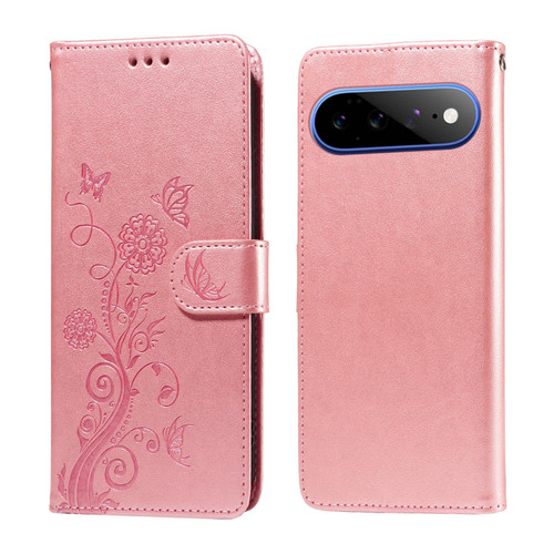 Google Pixel 11 Pro XL Embossed Butterfly Flowers Leather Phone Case - Rose Gold