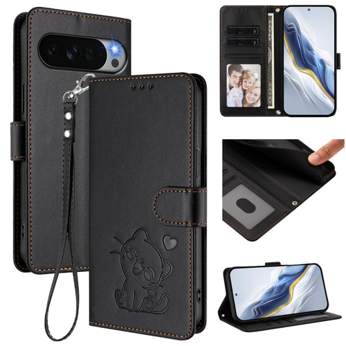 Google Pixel 11 Pro XL Embossed Heart Cat Leather Phone Case with Hand Strap - Black