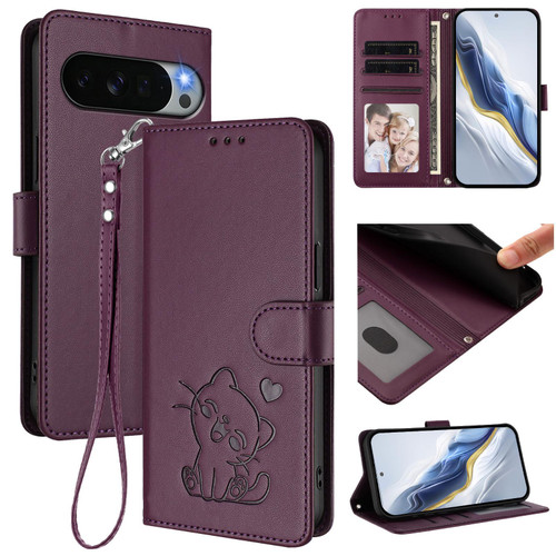 Google Pixel 11 Pro XL Embossed Heart Cat Leather Phone Case with Hand Strap - Dark Purple