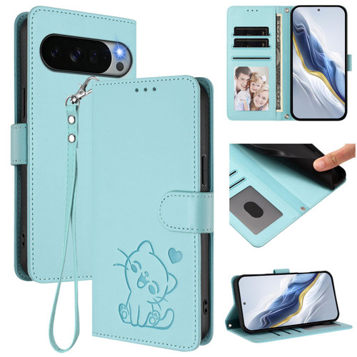 Google Pixel 11 Pro XL Embossed Heart Cat Leather Phone Case with Hand Strap - Mint Green