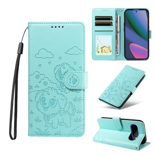 Google Pixel 11 Pro XL Embossed Heart Dog RFID Blocking Wallet Leather Phone Case - Green