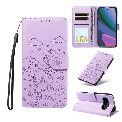 Google Pixel 11 Pro XL Embossed Heart Dog RFID Blocking Wallet Leather Phone Case - Purple