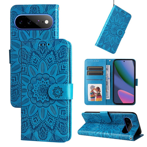 Google Pixel 11 Pro XL Embossed Sunflower Leather Phone Case - Blue