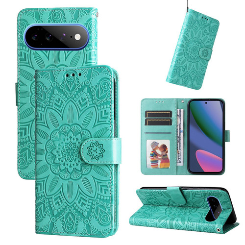 Google Pixel 11 Pro XL Embossed Sunflower Leather Phone Case - Green