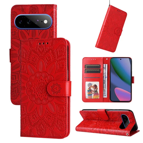 Google Pixel 11 Pro XL Embossed Sunflower Leather Phone Case - Red