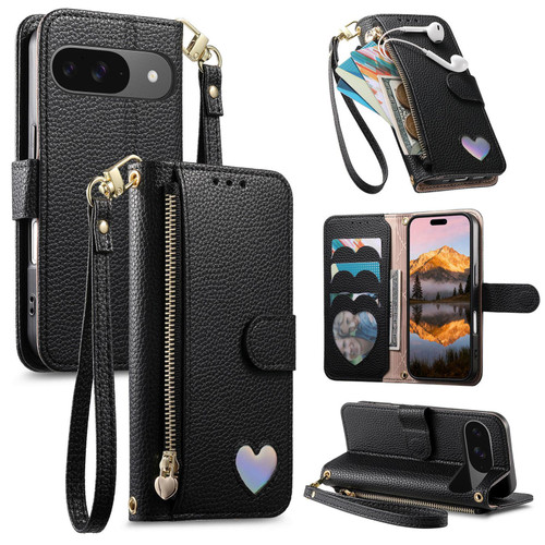 Google Pixel 11 Pro XL Fantasy Love Heart Zipper Wallet Vegan Leather Phone Case with Strap - Black
