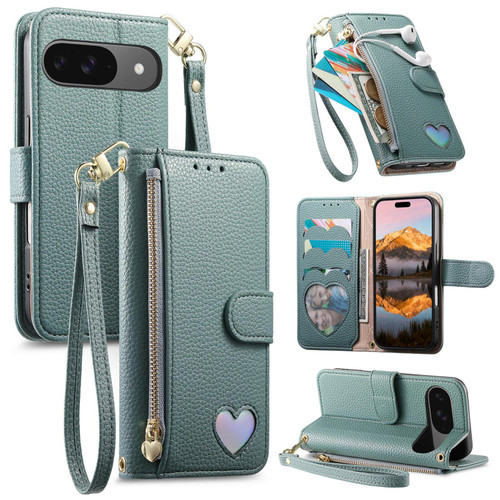 Google Pixel 11 Pro XL Fantasy Love Heart Zipper Wallet Vegan Leather Phone Case with Strap - Green