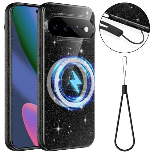 Google Pixel 11 Pro XL Fine Hole Glossy Glitter Magnetic TPU Phone Case with Same Color Hand Strap - Black