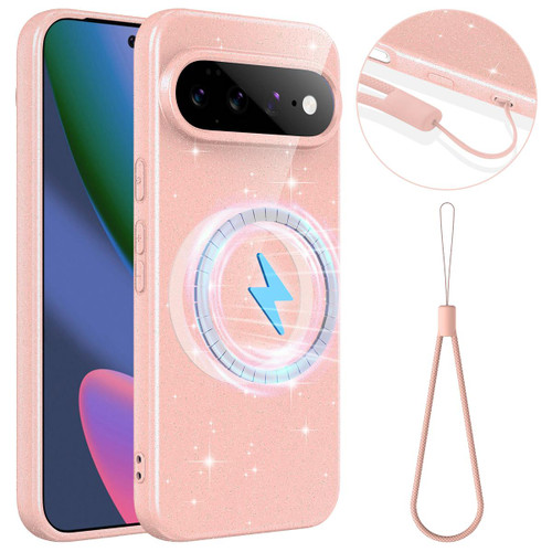 Google Pixel 11 Pro XL Fine Hole Glossy Glitter Magnetic TPU Phone Case with Same Color Hand Strap - Pink