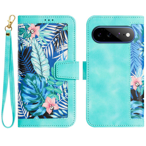 Google Pixel 11 Pro XL Floral Pattern Leather Phone Case with Lanyard - Green