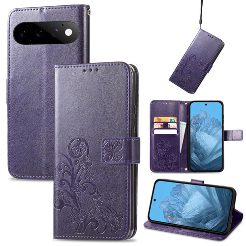 Google Pixel 11 Pro XL Four-leaf Clasp Embossed Buckle Leather Phone Case - Purple