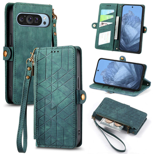 Google Pixel 11 Pro XL Geometric Zipper Wallet Side Buckle Leather Phone Case - Green