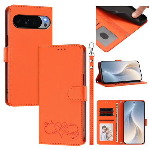 Google Pixel 11 Pro XL Happy Heart Pattern Magnetic Closure Vegan Leather Phone Case with Wrist Strap - Orange