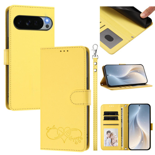 Google Pixel 11 Pro XL Happy Heart Pattern Magnetic Closure Vegan Leather Phone Case with Wrist Strap - Yellow