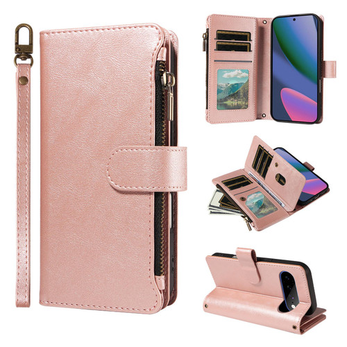 Google Pixel 11 Pro XL Imitation Calf Vegan Leather 9 Card Slots Zipper Phone Case with Wrist Strap - Rose Gold