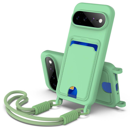 Google Pixel 11 Pro XL Integrated Card Bag Solid Color Liquid Silicone Phone Case Gen2 with Short Lanyard - Green