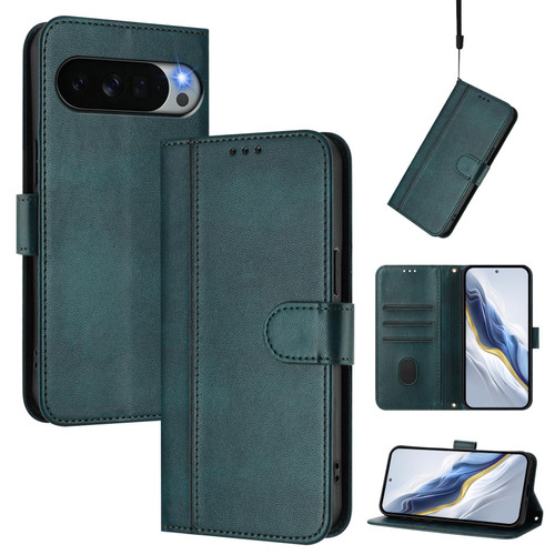 Google Pixel 11 Pro XL Line Splicing Buckle Retro Leather Phone Case - Dark Green