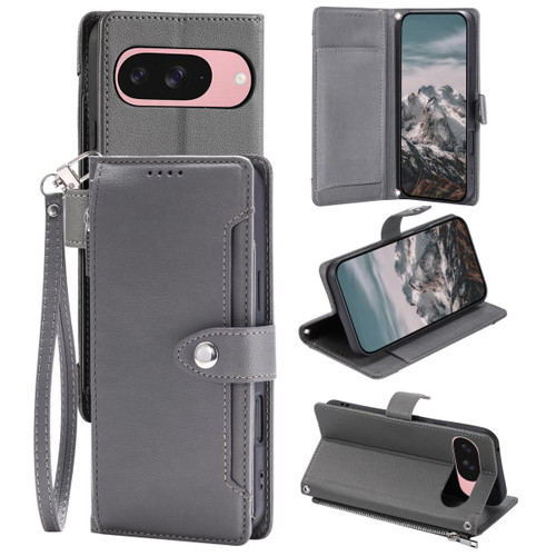 Google Pixel 11 Pro XL Litchi Texture Zipper Wallet Buckle Vegan Leather Phone Case with Wrist Strap - Grey