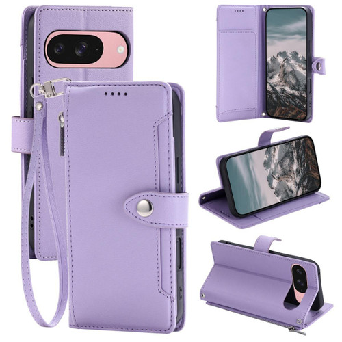 Google Pixel 11 Pro XL Litchi Texture Zipper Wallet Buckle Vegan Leather Phone Case with Wrist Strap - Purple