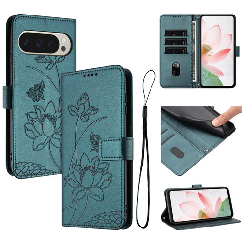 Google Pixel 11 Pro XL Lotus Embossed Leather Phone Case with Lanyard - Dark Green