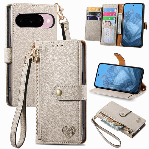 Google Pixel 11 Pro XL Love Zipper Lanyard Leather Phone Case - Gray