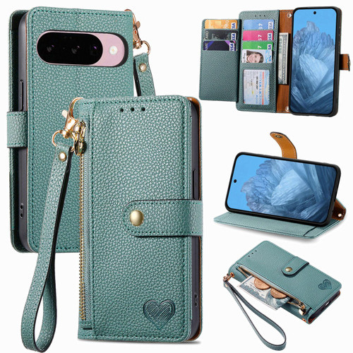 Google Pixel 11 Pro XL Love Zipper Lanyard Leather Phone Case - Green