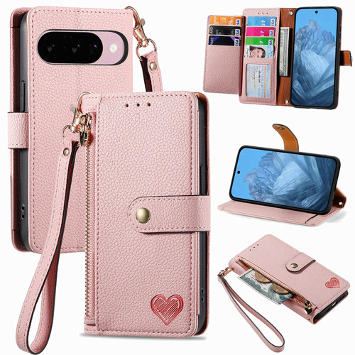 Google Pixel 11 Pro XL Love Zipper Lanyard Leather Phone Case - Pink