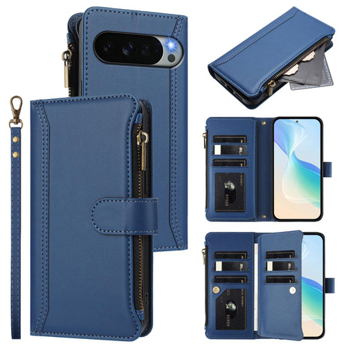 Google Pixel 11 Pro XL Magnetic Closure 9 Card Slots Zipper Leather Case with Hand Strap - Dark Blue