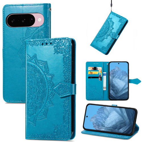 Google Pixel 11 Pro XL Mandala Flower Embossed Leather Phone Case - Blue