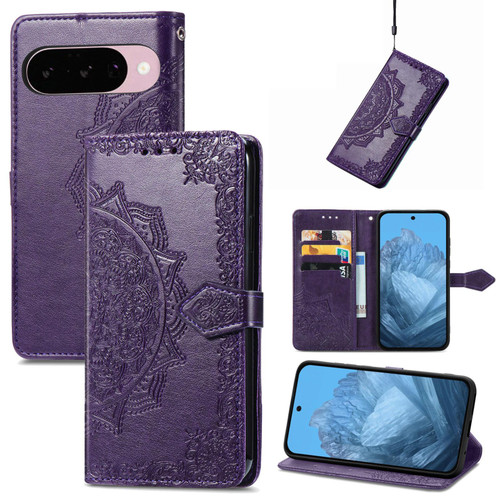 Google Pixel 11 Pro XL Mandala Flower Embossed Leather Phone Case - Purple