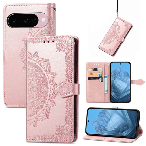Google Pixel 11 Pro XL Mandala Flower Embossed Leather Phone Case - Rose Gold