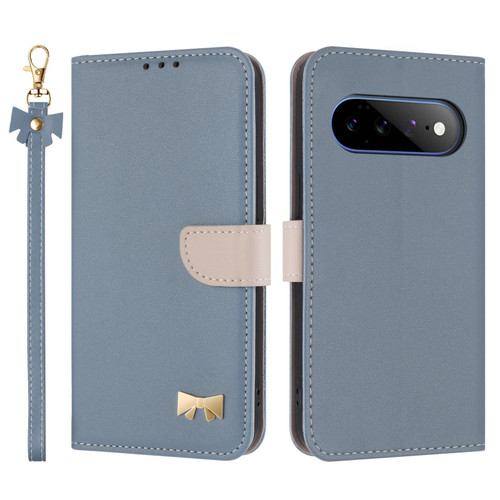 Google Pixel 11 Pro XL Metal Bow Leather Phone Case with Hand Strap - Light Blue