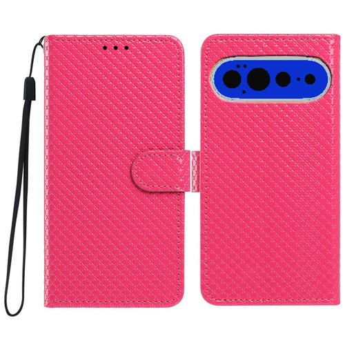 Google Pixel 11 Pro XL Mirrored Buckle Vegan Leather Phone Case with Small Black Cord - Rose Red
