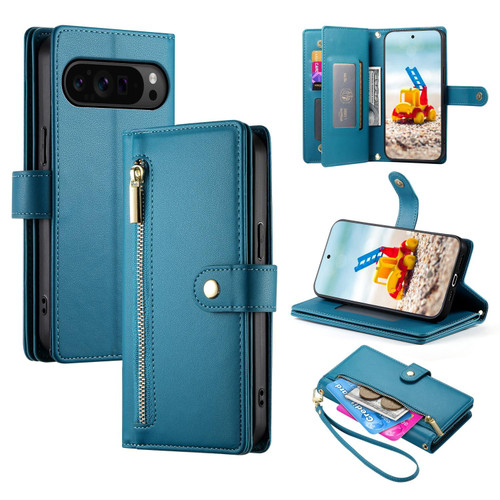 Google Pixel 11 Pro XL Nine Card-slot Zipper Wallet Bag Leather Phone Case - Blue