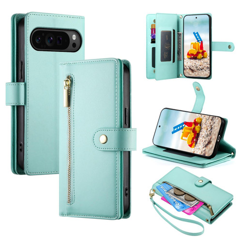 Google Pixel 11 Pro XL Nine Card-slot Zipper Wallet Bag Leather Phone Case - Mint Green
