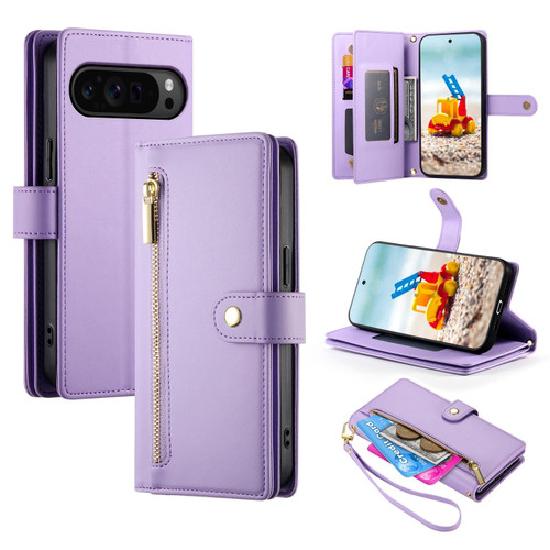 Google Pixel 11 Pro XL Nine Card-slot Zipper Wallet Bag Leather Phone Case - Purple