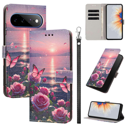 Google Pixel 11 Pro XL Painted Pattern Vegan Leather Phone Case with Strap - Rose Butterfly