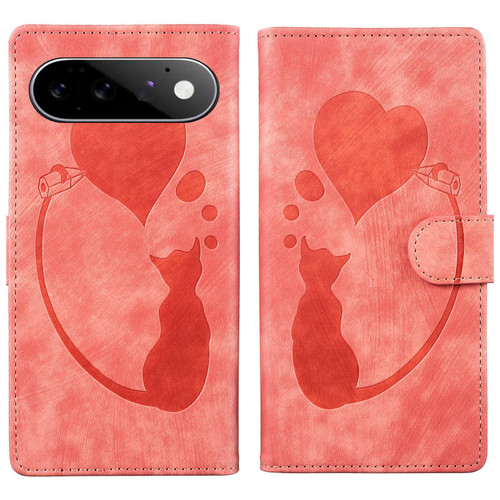 Google Pixel 11 Pro XL Pen Heart Cat Embossed Leather Phone Case - Orange