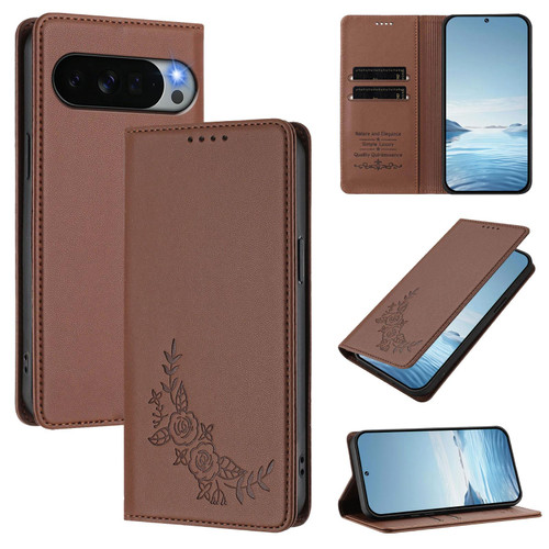 Google Pixel 11 Pro XL Peony Embossed Magnetic RFID Vegan Leather Phone Case - Brown
