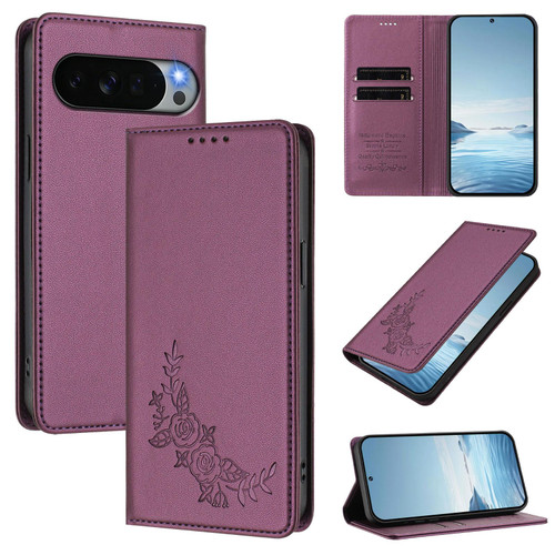 Google Pixel 11 Pro XL Peony Embossed Magnetic RFID Vegan Leather Phone Case - Violet Purple