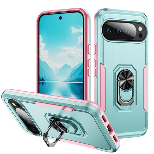 Google Pixel 11 Pro XL Pioneer Armor Heavy Duty PC + TPU Phone Case with Holder - Green+Pink